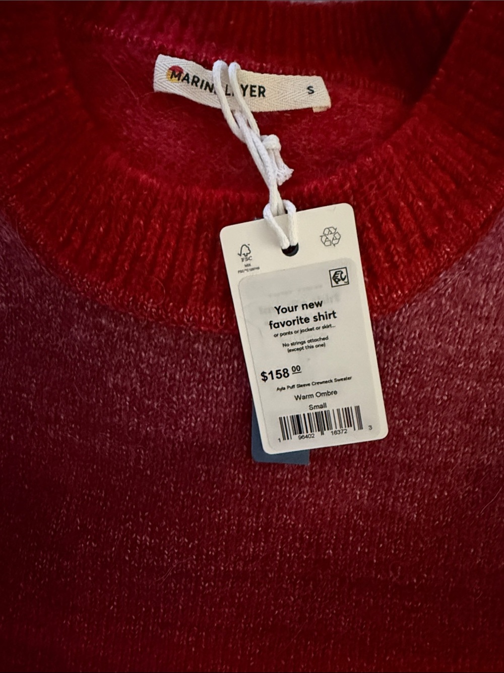 NEW❤️Marine Layer Women's Ayla Puff Sleeve Crewneck Sweater Red Pink Warm Ombre - Picture 8 of 9